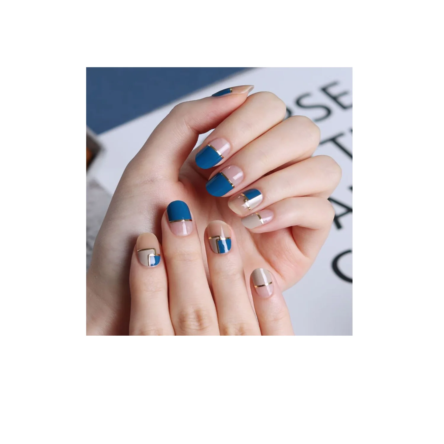 Glossy Blossom Gel Nail Strips Blue Mondrian - Image 2