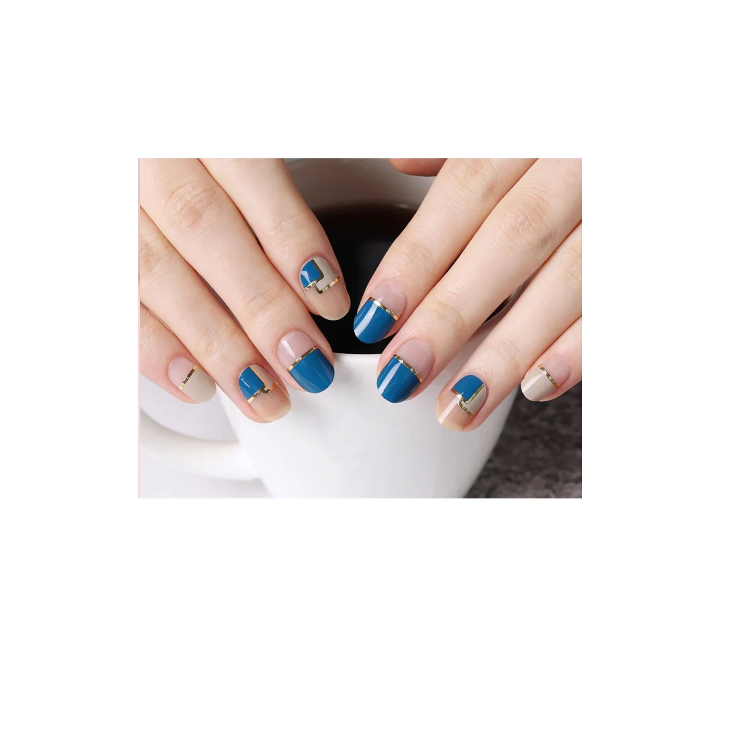 Glossy Blossom Gel Nail Strips Blue Mondrian - Image 3