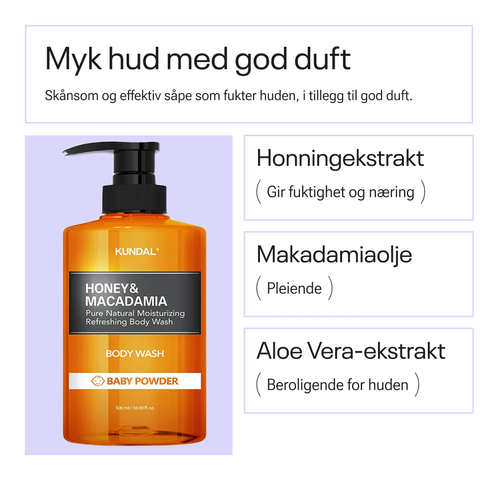 Kundal Honey & Macadamia Pure Body Wash Baby Powder 500 ml - Image 2