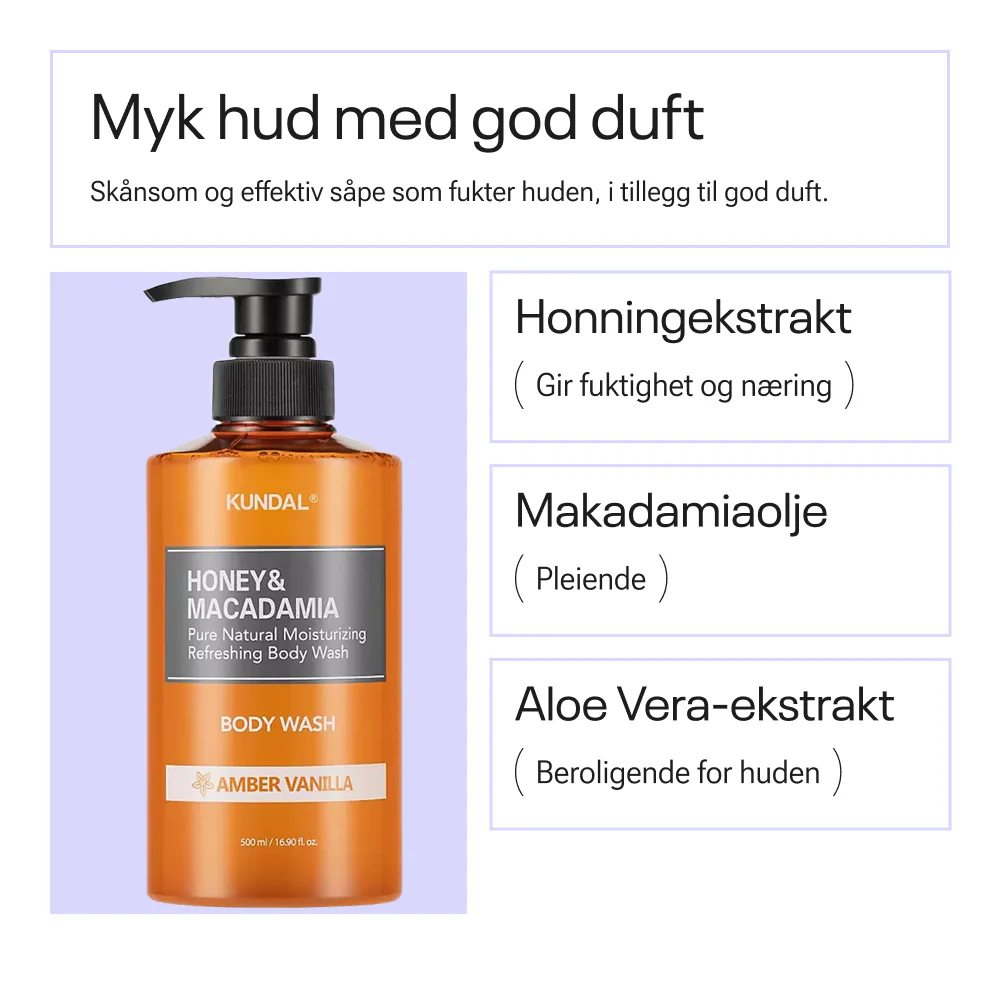 Kundal Honey & Macadamia Pure Body Wash Amber Vanilla 500ml - Image 2